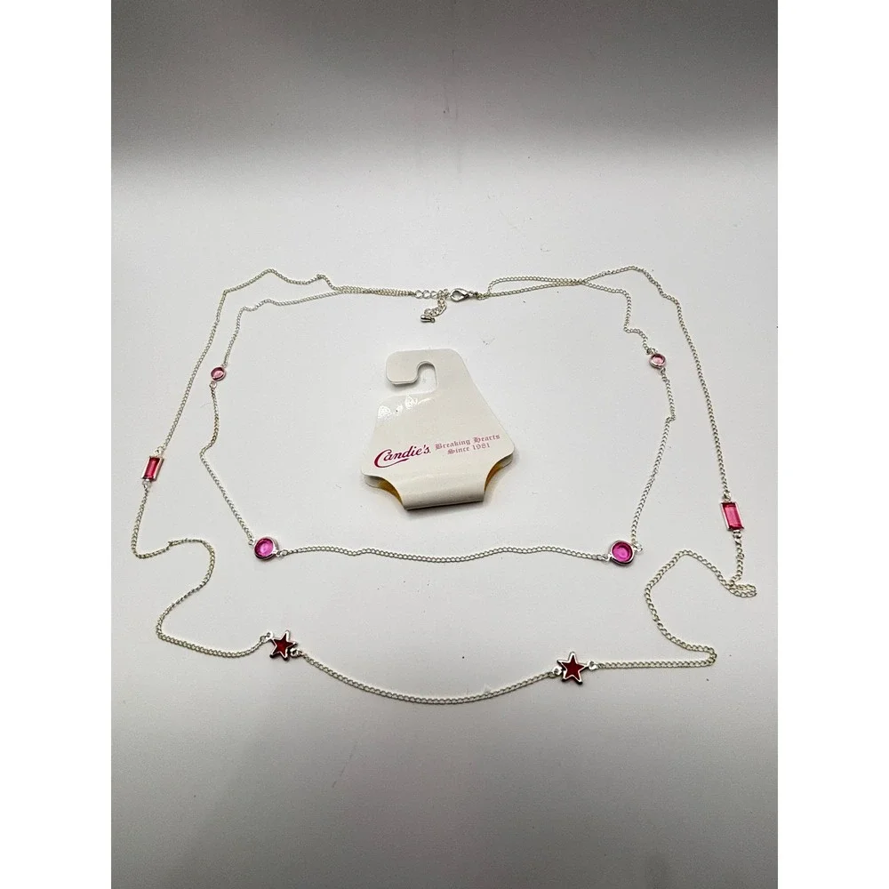 Candie's Station Necklace Women OS Silver Pink Star Gemstone Layered Long 32